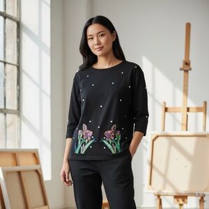 Eminent Black Top with Colorful Beaded Embellishments Size S Big Tall